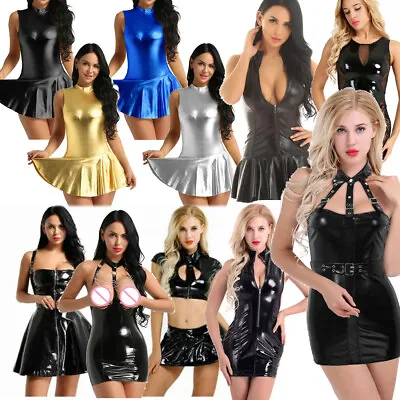 £11.99 • Buy Sexy Women's Wet Look PVC Leather Mini Dress Bodycon Micro Tops Skirt Clubwear