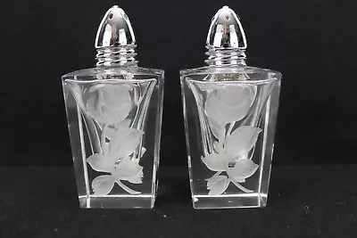 I W Rice Hand Cut Rose Crystal Salt & Pepper Shakers W/Chrome Top • $18.75