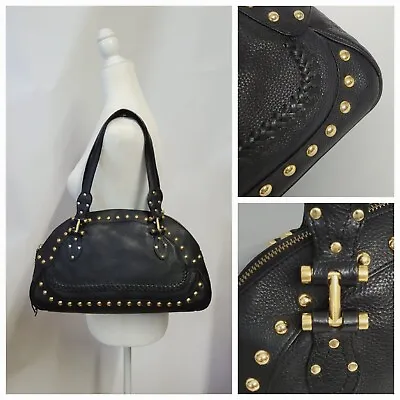 VIA SPIGA Black Classic Leather Studded Shoulder Bag Half-moon Handbag Excellent • $34