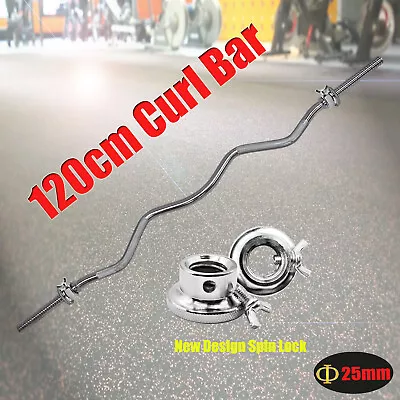 120cm Ez Curl Bar - Barbell Bar With 2 Spinlock Collars 25mm Diameter Weight Bar • $44.95