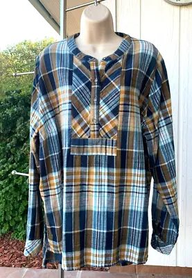 Vermont Country Store TunicTop 1X Longslv 1/2 Placket Henley Cotton Blue/Gold • $14.95