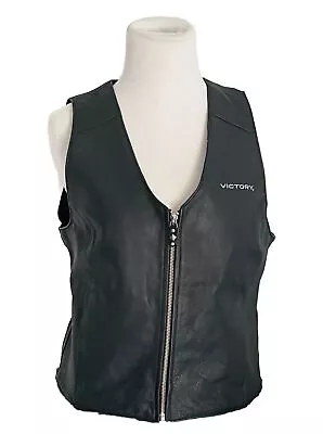 Leather Black Motorcycle Vest Jacket By Victory Women’s L Zipper Biker Vintage • $45