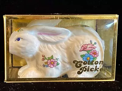 NOS Vintage Ceramic Rabbit Bunny Cotton Ball Dispenser/Holder In Box • $12