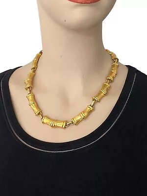 Vintage Signed MONET Gold Tone Retro Bamboo Link Statement Necklace 80s 90s • $85