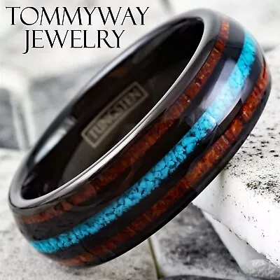 8mm Black Tungsten Koa Wood W/ Crushed Turquoise Stripe Men's Wedding Band Ring • $21.99