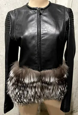 J. MENDEL Leather Fox Fur Trim Grey Black Quilted Coat Fall Jacket IT 38 / US 2 • $1157.69