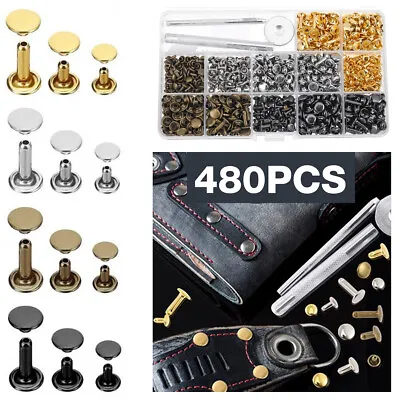 480Pcs 3 Sizes Leather Rivet Double Cap Metal Studs Leather Repair With Tool UK. • £9.86