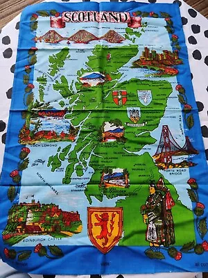 VTG Tea Towel Scotland Tourist Souvenir Novelty Gift Map Blue Cotton Britain • £3