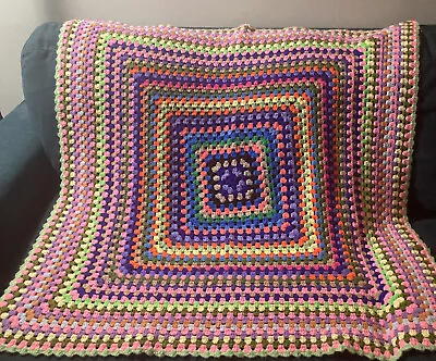 Vintage Crochet Granny Square Blanket 40x40” Roseanne Baby Afghan • $26.90