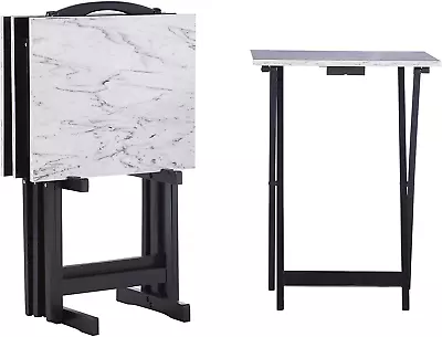 Set Of 4 TV Tray Snack Table W/ Stand Wood Folding Portable Desk Faux Marble Top • $99.99