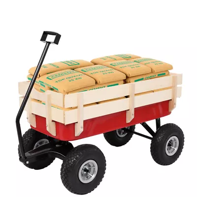 Ironmax Outdoor Wagon Pulling Children Kid Garden Cart W Wood Railing Red 330lbs • $89.99