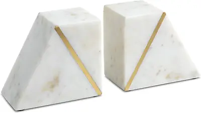 Cork & Mill Marble Bookends - Set Of 2 Heavy Decorative Book Stoppers With Non-S • $55.34