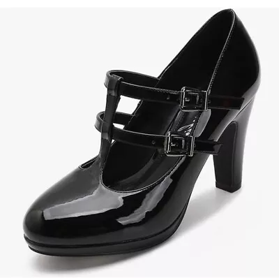 NEW Mackin Girl Black Patent T-Strap Mary Jane Pin Up Retro Heels Size 9 • £48.20