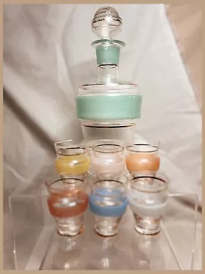 Vintage Decanter Set With 6 Multicolor Glasses C. 1950s. MCM Midcentury Design • $70