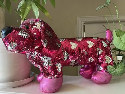 Hot Pink & Silver Sequin Flip Hearts Dachshund Weiner Dog Stuffed Toy 18  X 10  • $14.99