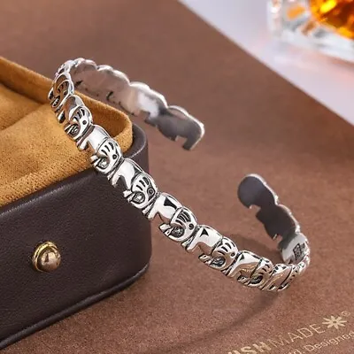 925 Sterling Silver Elegant Stylish Elephant Open Cuff Bracelet Vintage Bangle • $5.94