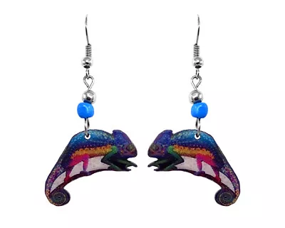 Rainbow Chameleon Earrings Reptile Animal Trippy Art Women Nature Boho Jewelry • $13.99