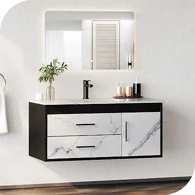 35  Modern Slate Wall Mounted Bathroom Vanity Cabinet W/ Sink & 2 Drawers White • $329.99