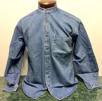 Mens (Small)blue Solid Denim Long Sleeve Collarless Button Front Shirt By Autumn • $12.95
