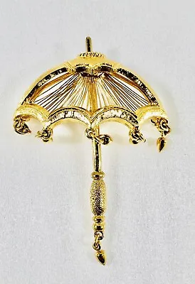 Vintage - Signed - Monet - Gold Tone Umbrella In The Rain Brooch Pin • $15