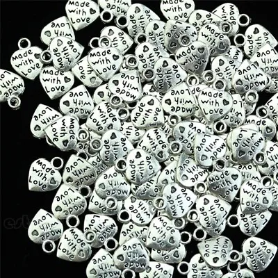 100 X Made With Love Charm Heart Alloy Silver Tone Tags Crafts Charms Pendants • £6.99