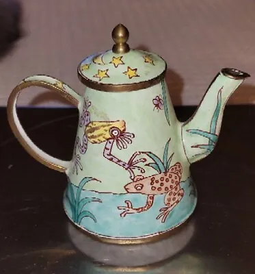 Vintage Kelvin Chen Enamel Copper Trinket Box Teapot Blue Green With Frogs Moon • $26.89
