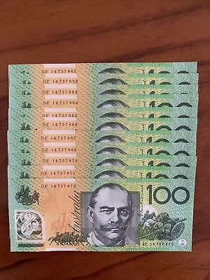 2014  $100 Banknotes Of Australia  consecutive Serial Number unc.11 Pieces • $150