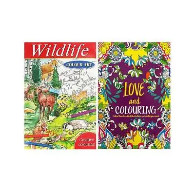 A4 LOVE & WILDLIFE Colouring Books Set Of 2 COLOUR THERAPY BOOK ART DOODLE • £5.69