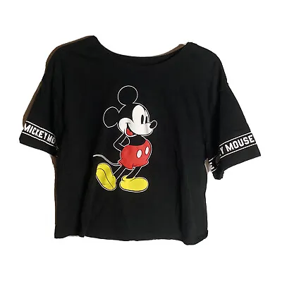 DISNEY Women’s Mickey Mouse Black Cropped Short Sleeve Jersey Style Top Size XL • $9.99