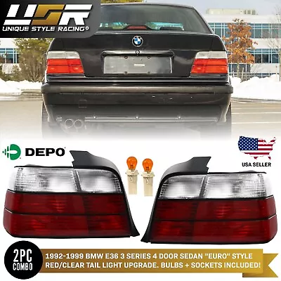 DEPO Euro Red/Clear Rear Tail Light Pair For 92-98 BMW E36 3 Series 4 Door Sedan • $85.44