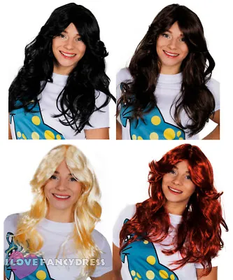 70's Flick Wig Ladies Disco Fancy Dress Black Brown Blonde Red Long Wavy Hair • £11.99