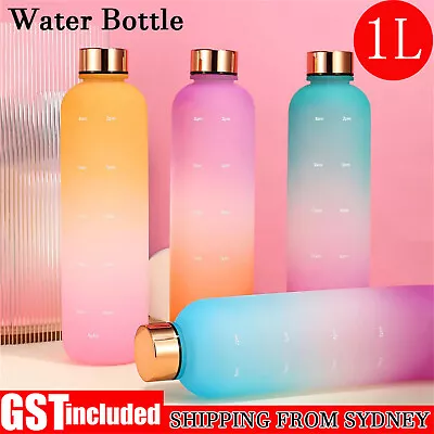 1L Water Bottle Drink Flask With Time Markings BPA Free Sport Gym Motivational • $13.98