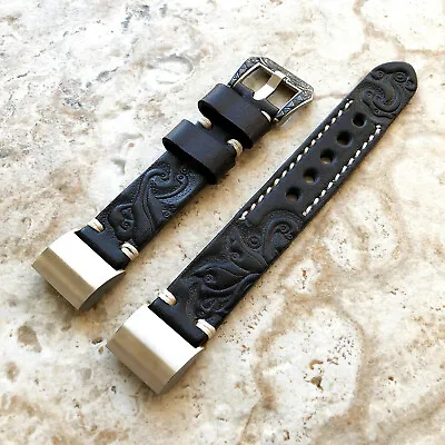 $75.67 • Buy Black And Gray Embossed Handmade Leather Watch Band Strap For Fitbit Charge 2