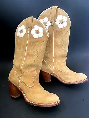 Vintage ACME Cowboy Boots Suede Flower Tan Rockabilly 60s 70s GUC W 5.5 USA • $90