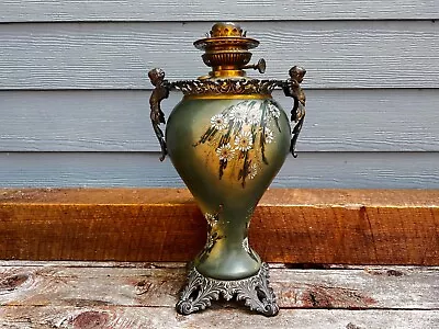 Antique Hand Painted Porcelain & Bronze Oil Lamp Liberty Victorian Vintage GWTW • $579