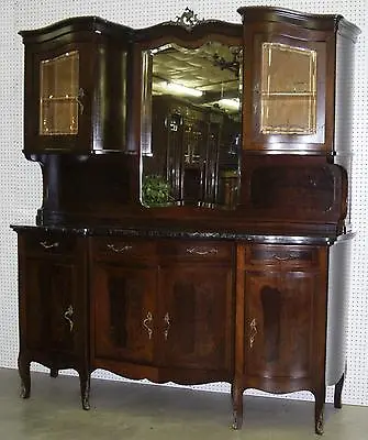 Antique French Burl Walnut Marble Top Serpentine Buffet Sideboard Cabinet  C1890 • $4500