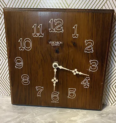 Verichron Square Wall Clock Mid Century Vintage 9x9 Uses C Battery Quartz Wood • $31.11