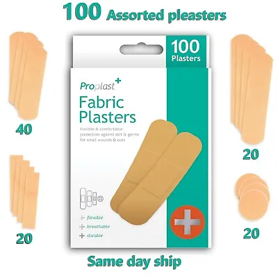 100 Assorted Fabric Plasters Breathable Flexible Adhesive FirstAid Wound Healing • £2.49