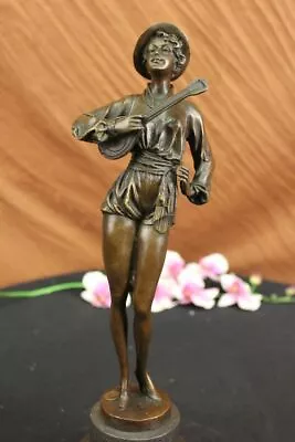 Bronze Art Deco Minstrel Musician W Banjo Figurine Marble Base Home Decor SALE • $289