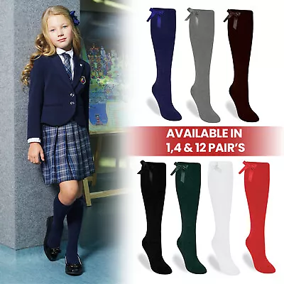 £23.99 • Buy Girls Knee High Bow Socks Cotton Rich Plain School Uniform 1,4,12 Pair Sox Lot