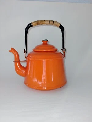 $24.88 • Buy Vintage Orange Enamel Tea Pot Mid Century Black Enamel Handle CLEAN Rattan