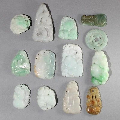 $34 • Buy 13Pc Vintage Chinese Carved Jadeite Jade Pendants Group Lot #13