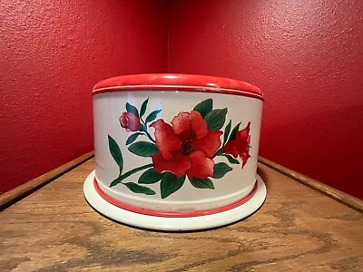 Decoware Red & Cream Tin Cake Carrier; Hibiscus; Swivel Lid Locks To Base • $32