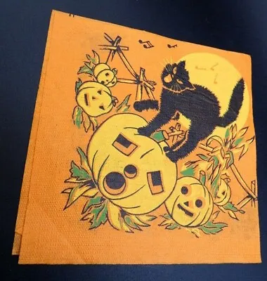 Vintage Halloween Crepe Paper Napkin Black Cat In A Pumpkin Patch With Owls • $5
