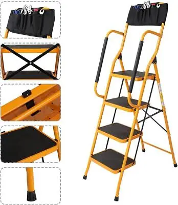 4 Step Ladder With Handrails & ToolBag 330lbs Folding Step Stool For Kitchen US • $74.99