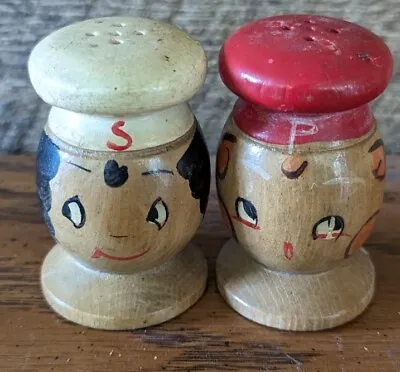 Vtg Wooden Handcrafted 2.25  Man & Woman W CHEF HAT Mini SALT & PEPPER SHAKERS  • $16