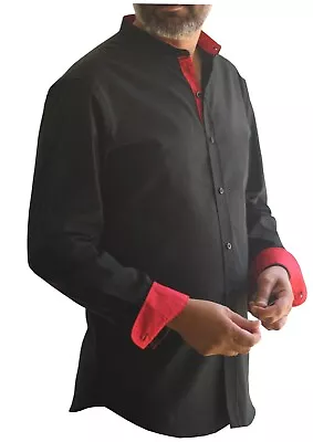 Mens Grandad Collar Long Sleeve Black Red Trim 100% Cotton Smart Casual Shirt UK • £19.99