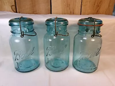 Lot Of 3 Vintage Ball Ideal Blue Glass Quart Canning Jars W/Wire Bail Glass Lids • $13.29