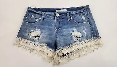 Vintage Havana Midi Distressed Destroyed Shorti Shorts Lace Fringe Size 27 Blue • $12.88