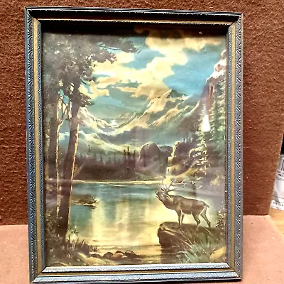 Antique Elk DEER Picture PRINT Art Publishers MOUNTAI River SWIMMING • $35